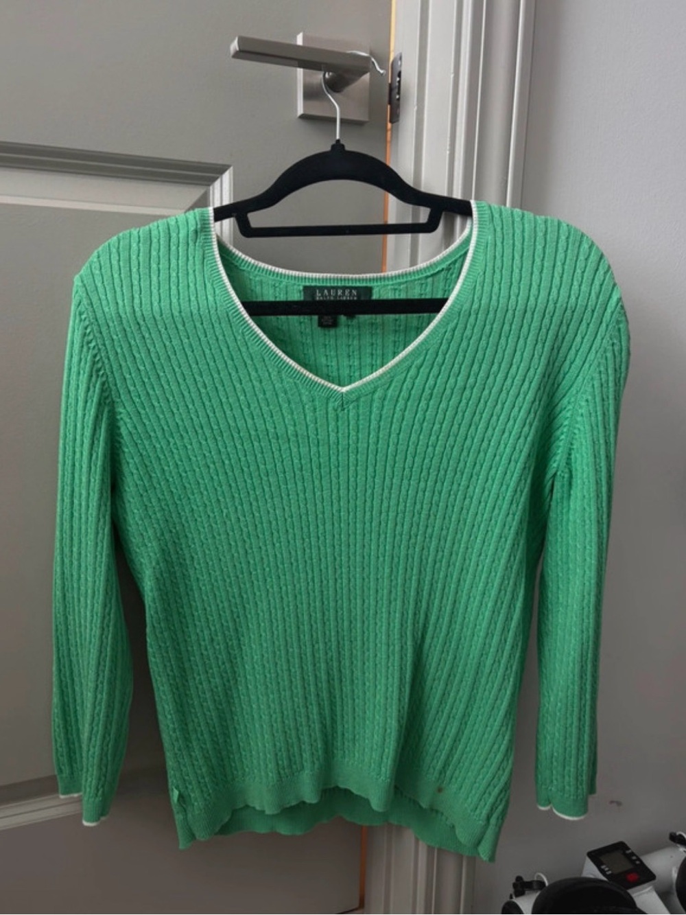 Ralph Lauren Mint Green V-Neck Ribbed Sweater with White Trim